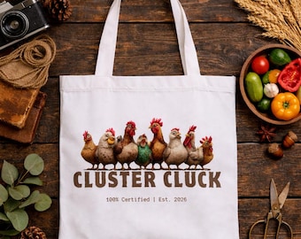 100% Certified Cluster Cluck Tote Bag Funny Chicken Deign Bag, Beach/Picnic Bag