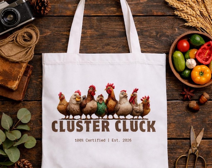 100% Certified Cluster Cluck Tote Bag Funny Chicken Deign Bag, Beach/Picnic Bag