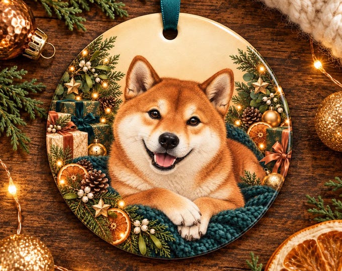 Shiba Inu Christmas Tree Ornament, Ceramic, Double-Sided Print & Gift Bag
