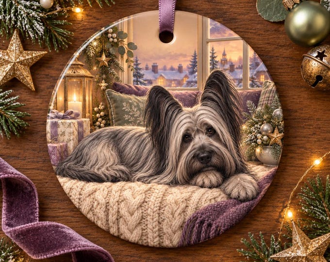 Skye Terrier Christmas Tree Ornament, Ceramic, Double-Sided Print & Gift Bag