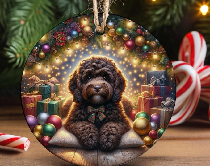 Chocolate Cockapoo Christmas Tree Ornament, Ceramic Double-Sided Print, Gift Bag