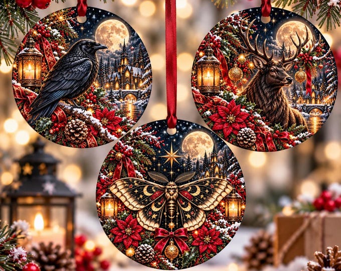Gothic Christmas Ornaments Set of 3, Raven Stag Moth Ceramic Decorations
