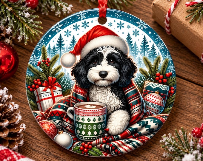 Black and White Cockapoo Christmas Tree Ornament, Ceramic, Double-Sided Printed