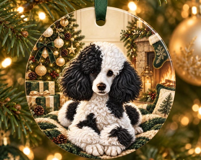 Black and White Parti Poodle Christmas Ornament, Ceramic Dog Keepsake, Festive Tree Decoration