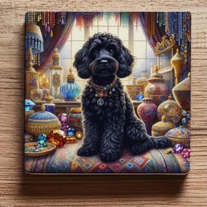 May include: A square coaster featuring a black dog with curly fur, adorned with a jeweled collar. The dog sits on a patterned cushion in a room filled with ornate vases, jewels, and colorful curtains. The overall theme is luxury and opulence.