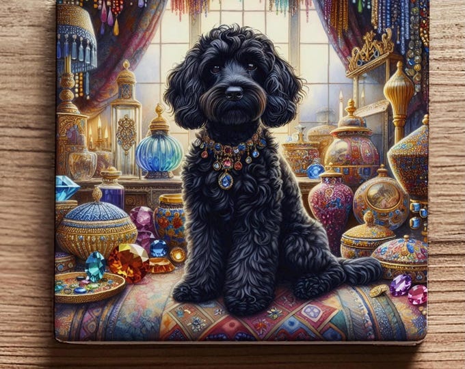 Luxury Black Cockapoo Ceramic Coaster – Victorian Jewel Design, Glossy Finish with Cork Back – Elegant Gift for Dog Lovers
