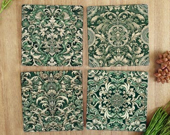 Set of 4 Green Victorian Tile Design Ceramic Coasters – Glossy Finish, Cork Backed, 10cm Square – Elegant Vintage Home Décor Gift