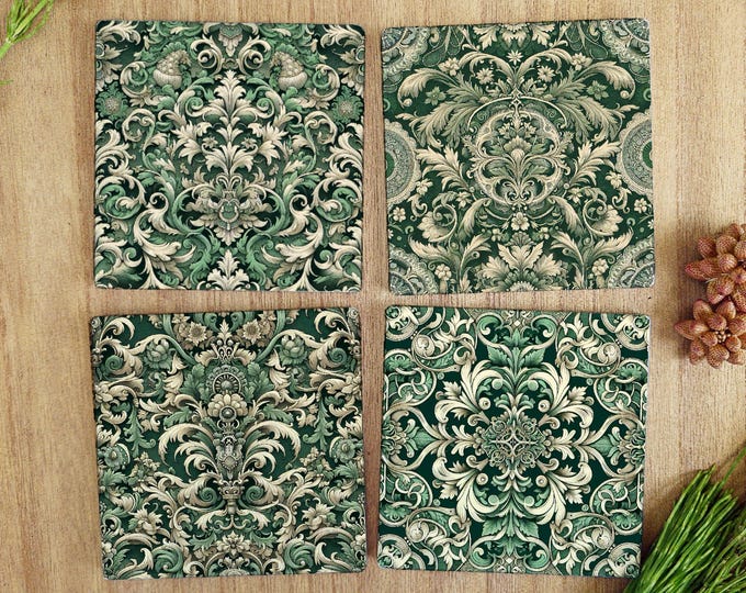 Set of 4 Green Victorian Tile Design Ceramic Coasters – Glossy Finish, Cork Backed, 10cm Square – Elegant Vintage Home Décor Gift