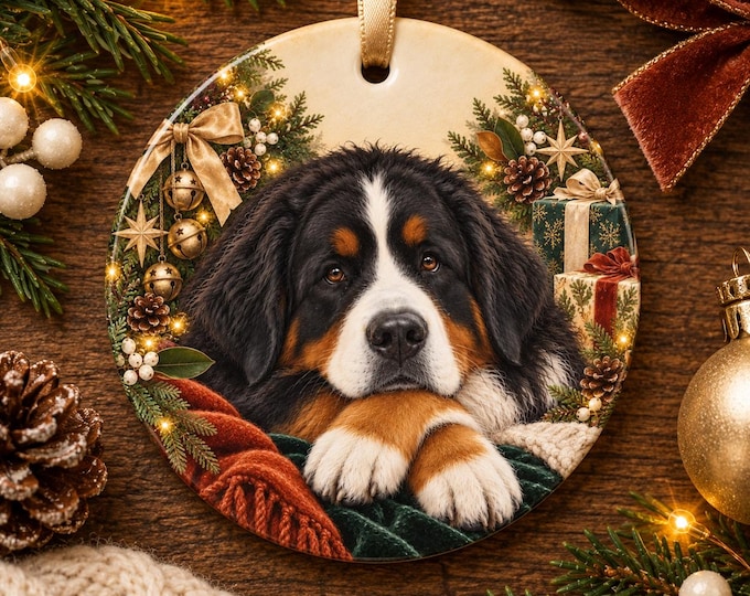 Bernese Mountain Dog Christmas Tree Ornament, Ceramic, Double-Sided Print & Gift Bag