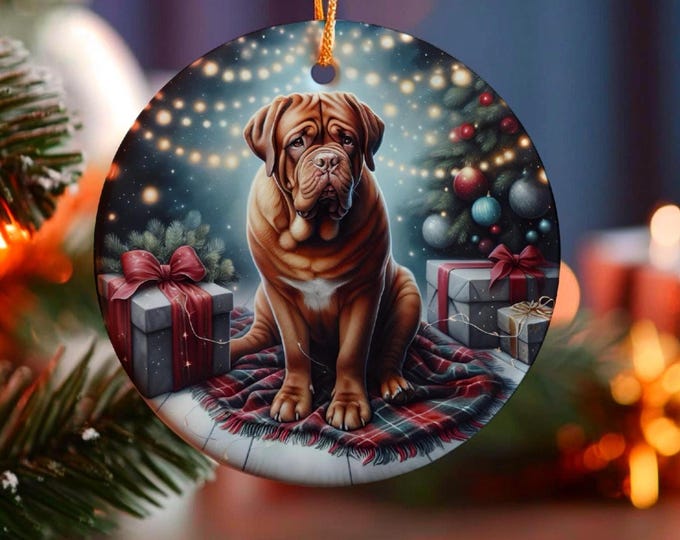 Dogue de Bordeaux Christmas Tree Ornament, Ceramic, Double-Sided Print, Gift Bag