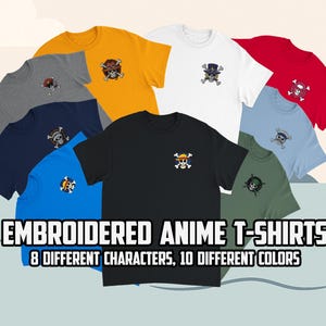 Unisex Anime Embroidered Crewneck T-Shirts | 8 Different Characters | 10 Different Color Options | Anime Gift | Anime Embroidery