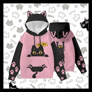 Sudadera con capucha inspirada en gato, sudadera con capucha con estampado de gato, sudadera con capucha de gato de diseño especial, sudadera con capucha unisex con orejas, regalo del día de San Valentín, regalos de cumpleaños