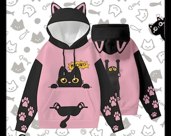 Cat Hoodie İnspired,Cat Print Hoodie,Special Design Cat Hoodie,Unisex Hoodie With Ears,Valentines Day Gift,Birthday Gifts