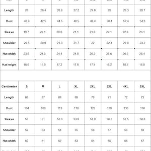 K&ouml;nnte beinhalten: Gr&ouml;&szlig;entabelle f&uuml;r Kleidung in Zoll und Zentimetern. Die Tabelle zeigt die Ma&szlig;e f&uuml;r L&auml;nge, Brustumfang, &Auml;rmel, Schulter, Hutbreite und Hut H&ouml;he. Die Gr&ouml;&szlig;en reichen von S bis 5XL.