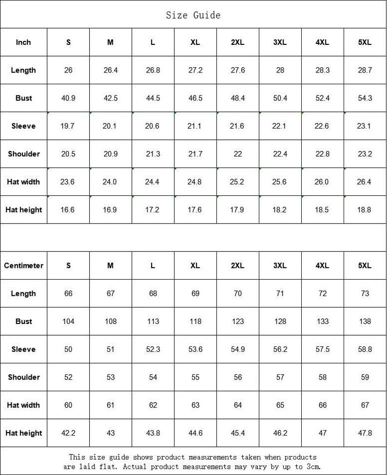 K&ouml;nnte beinhalten: Gr&ouml;&szlig;entabelle f&uuml;r Kleidung in Zoll und Zentimetern. Die Tabelle zeigt die Ma&szlig;e f&uuml;r L&auml;nge, Brustumfang, &Auml;rmel, Schulter, Hutbreite und Hut H&ouml;he. Die Gr&ouml;&szlig;en reichen von S bis 5XL.