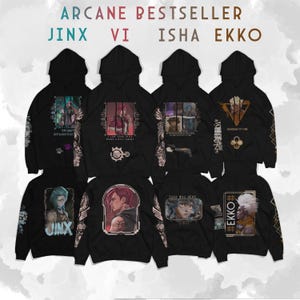 Sudadera unisex de gran tamaño con personajes Arcane Vi-Jinx-Isha-Ekko, color negro, regalo para ella, regalo para él, el mejor regalo