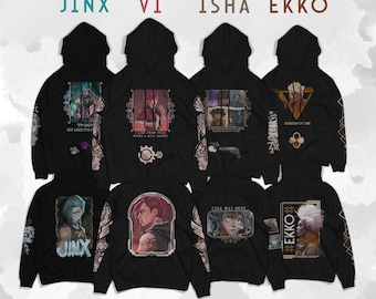 Unisex Oversize Arcane Vi-Jinx-Isha-Ekko Characters Black Hoodie, Gift For Her, Gift for him, Best Gift sweat