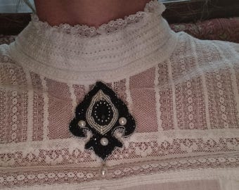 Embroidered brooch, gemstone brooch, silver brooch, victorian brooch, gift for her