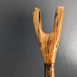 May include: A polished wooden walking stick handle featuring a natural Y-shaped fork design. The wood displays a light tan colour with prominent dark brown and black spalted grain patterns throughout the surface, ending in two rounded tips.
