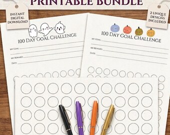 Fall Halloween 100 Day Challenge, Goal Setting, Progress Tracker, Habit Forming: A4 PDF | Instant Download