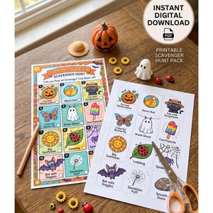 May include: A printable Summerween Scavenger Hunt pack with a pumpkin, a hat, and decorative items. The scavenger hunt includes illustrations of a watermelon, beach ball, cat, butterfly, ghost, popsicle, sunflower, ladybug, spider, bat, dandelion, and stone.