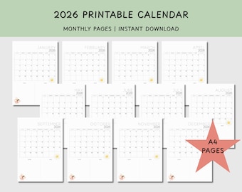Calendario imprimible 2026 / Calendario minimalista 2026 / Calendario mensual imprimible / PDF listo para imprimir