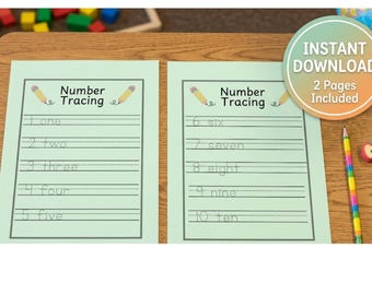 Tracciamento dei numeri da 1 a 10, foglio di lavoro stampabile per la scuola materna, esercizi di scrittura a mano, fogli di lavoro per la scuola materna, apprendimento dei numeri, download immediato