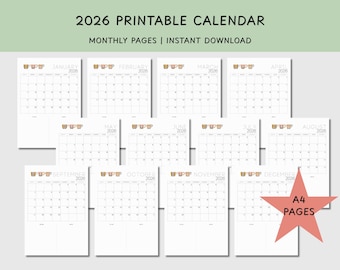Calendario imprimible 2026 / Calendario minimalista 2026 / Calendario mensual imprimible / PDF listo para imprimir