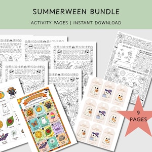 May include: A digital bundle of nine Summerween activity pages featuring black and white coloring sheets with the text HAPPY SUMMERWEEN, a colorful scavenger hunt grid, and a sheet of ghost-themed gift tags with a pink star graphic.