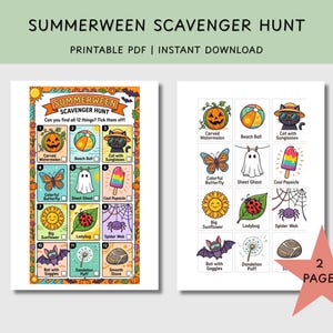 May include: A printable Summerween Scavenger Hunt PDF with two pages. The first page features a grid of 12 illustrated items, including a carved watermelon, beach ball, cat with sunglasses, butterfly, ghost, and popsicle.