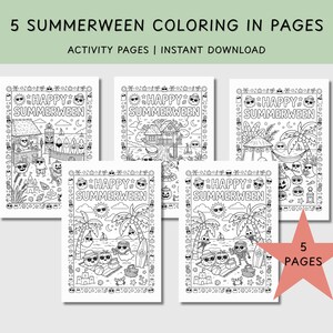 以下が含まれることがあります： 「5 SUMMERWEEN COLORING IN PAGES」と「ACTIVITY PAGES | INSTANT DOWNLOAD」のテキストが入った、白黒の塗り絵ページが5枚。各ページには、「HAPPY SUMMERWEEN」のデザインと、ビーチとハロウィーンをテーマにしたイラストが描かれています。