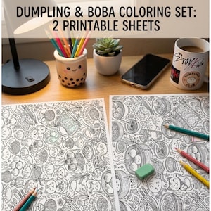 May include: Two white paper sheets featuring black line art illustrations of dumplings, boba tea, and cat faces. The text DUMPLING & BOBA COLORING SET: 2 PRINTABLE SHEETS is printed at the top. Colored pencils and an eraser are placed on the sheets.