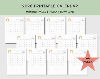 Calendario imprimible 2026 / Calendario minimalista 2026 / Calendario mensual imprimible / PDF listo para imprimir