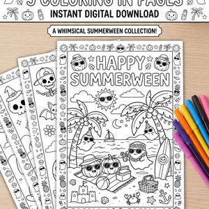 以下が含まれることがあります： 夏ウィーンをテーマにした、白黒の塗り絵が5ページ。ページには、幽霊、カボチャ、ヤシの木、ビーチのシーンのイラストが描かれています。「Happy Summerween」と「Instant Digital Download」の文字があります。