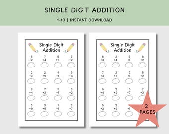 Single Addition Worksheets | Number Adding 1-10 | Kindergarten Preschool Math | Instant Download