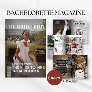 以下が含まれることがあります： 「The Bride Edit」というタイトルのバチェロレッテマガジンで、「The 'I Do' Issue」という見出しがあります。この雑誌には、「Get to know The Miss to Mrs Julia Rhodes」や「The Bride's Dream Weekend」などの写真とテキストが含まれています。