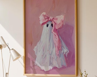 Cute Ghost With Pink Bow Print, Halloween Wall Art, Spooky Ghoulish Decor, Girly Pink Digital Download, Halloween Party Art, Pink Wall Art