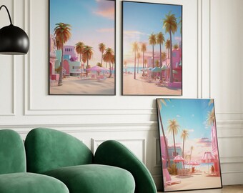 Retro Doll Beach Poster, Palm Tree Sunset Wall Art, Miami Beach Vibe Print, Preppy Pink Room Decor, Y2K Aesthetic Digital Art, Dreamy Print