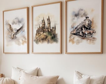 Neutral Wizard Poster Set of 3, Printable Wizard Nursery Decor, Nursery Neutral Print, Magical Nursery Decor, Wizard Room Decor, Fantasy Art