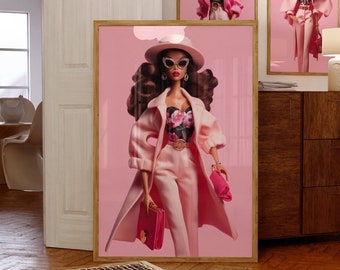Brünett Puppe Kunstdruck, Pink Retro Wand-Dekor, Y2K Mädchen Zimmer Mode Poster, Vintage Puppe Wandkunst, Preppy Ästhetische druckbare Jugendliche