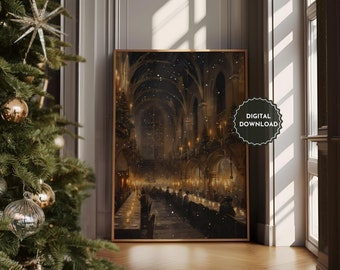 Winter Wizard Castle Print, Magical Christmas Wall Art, Fantasy Nursery Poster, Cozy Holiday Decor, Printable Wizard School Art