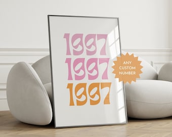 Custom Birth Year Print, Pink Orange Typography Print, Custom Year Poster, Retro Year Print, Personalised Year Print Poster, Retro Wall Art