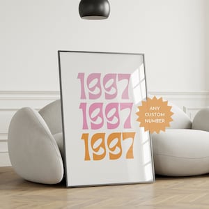 Impresión personalizada de año de nacimiento, impresión tipográfica rosa y naranja, póster personalizado de año, impresión retro de año, póster personalizado de año, arte mural retro