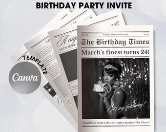 Birthday Newspaper Template, Custom Newspaper Large, The Birthday Times Newspaper Canva Template, Birthday Party Invite Newspaper,Photoshoot