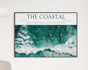Blue Coastal Surf Up Wall Art, Vintage Newspaper Print, Chic Beach Surfer Poster, Surfer Gift, Coastal Print Surf Magazine Retro Printable