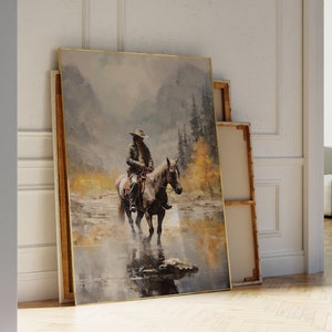 Paesaggio western antico, dipinto a olio vintage con cowboy, arredamento rustico western, paesaggio antico del sud-ovest, arte murale rustica vintage con cowboy