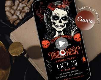 Animated Halloween Party Invitation Video, Spooky Skull Mobile E-Invite (Editable Canva Template)