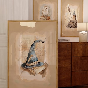 Wizard Poster Set of 3, Boho Nursery Wall Art, Magic Castle Owl Hat Prints, Fantasy Wizard Room Decor, Neutral Magical Nursery Prints