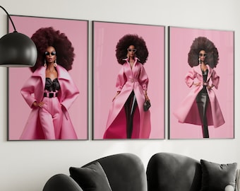 Afro Doll Art Print, Retro Doll Poster, Black Afro Girl Poster, y2k Dorm Room College Decor, Pink Print Preppy Room Decor, Fashion Poster