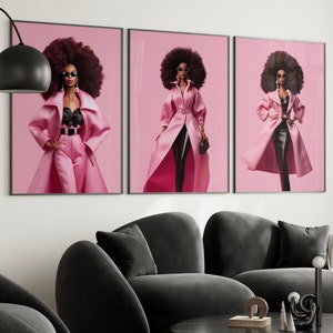 Impresión artística de muñeca afro, póster retro de púas, póster de chica afro negra, decoración de dormitorio universitario Y2K, decoración de habitación preppy con estampado rosa, regalo para hija